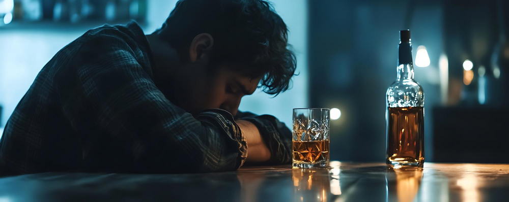 Mężczyzna uzależniony od alkoholu śpi na siedząco przy stole, podparty o własne ręce, obok butelki z whiskey i do połowy pełną szklaną z alkoholem
